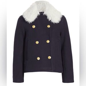 rag & bone Navy Pea Coat with White Fur Collar